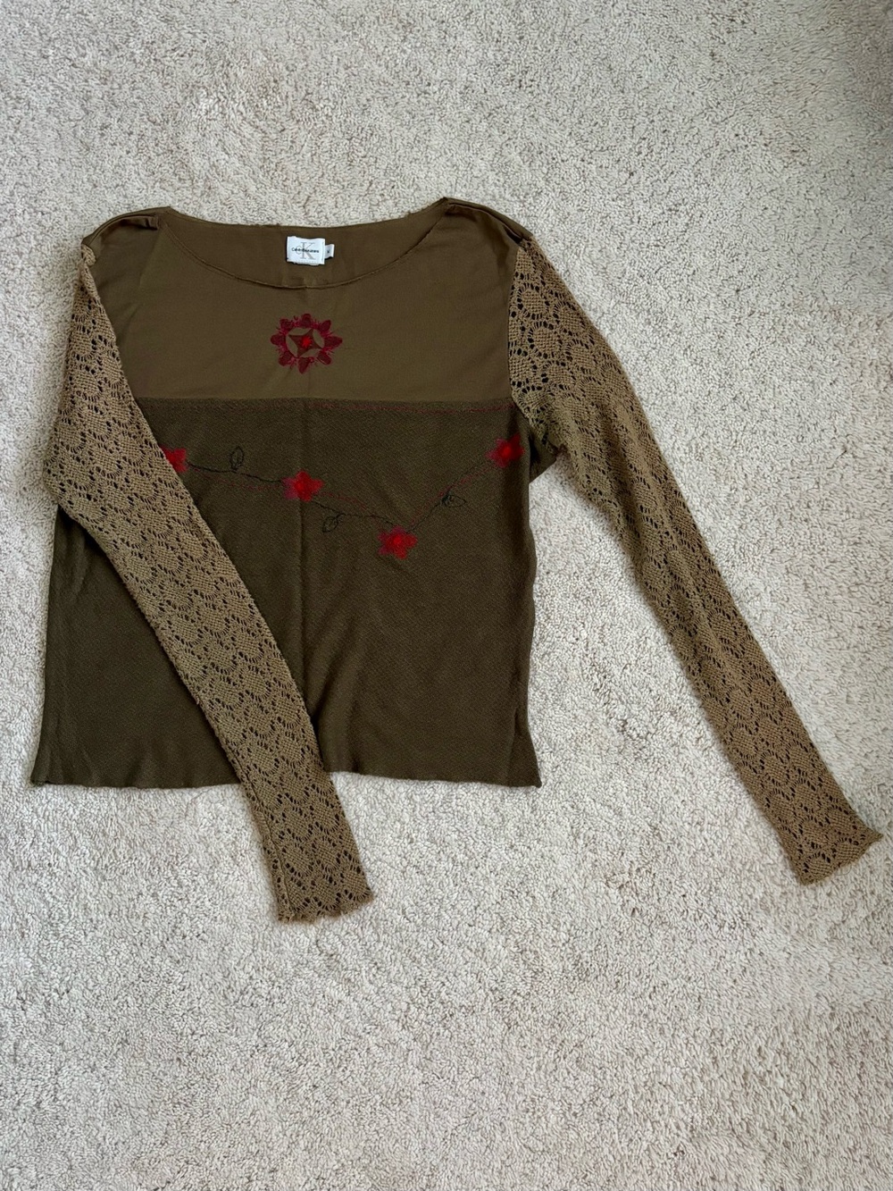 Calvin Klein Women’s Olive Green Floral Appliqué Knit Top Size M